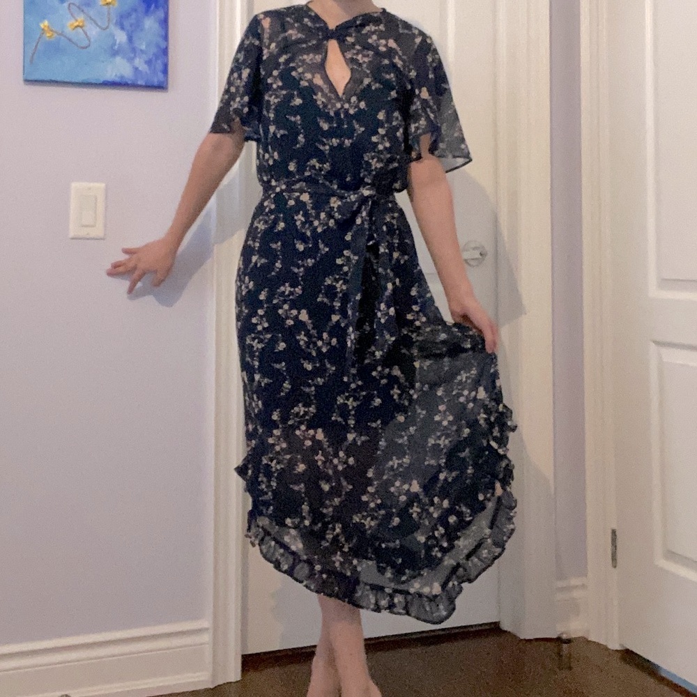 Navy Floral T-Shirt Midi Flowy Dress *NWOT*